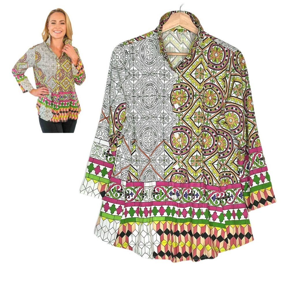 Trisha Tyler MultiColor Geo Print Button Up Top Wired Collar Long Sleeve Medium